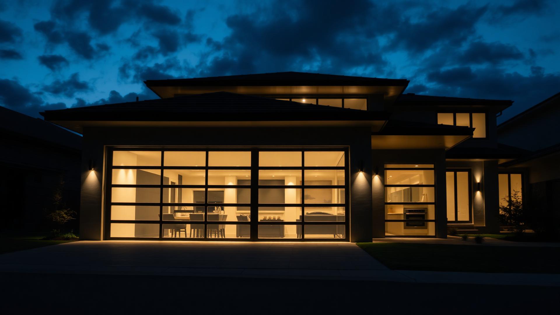 Modern home with contemporary glass garage door at dusk